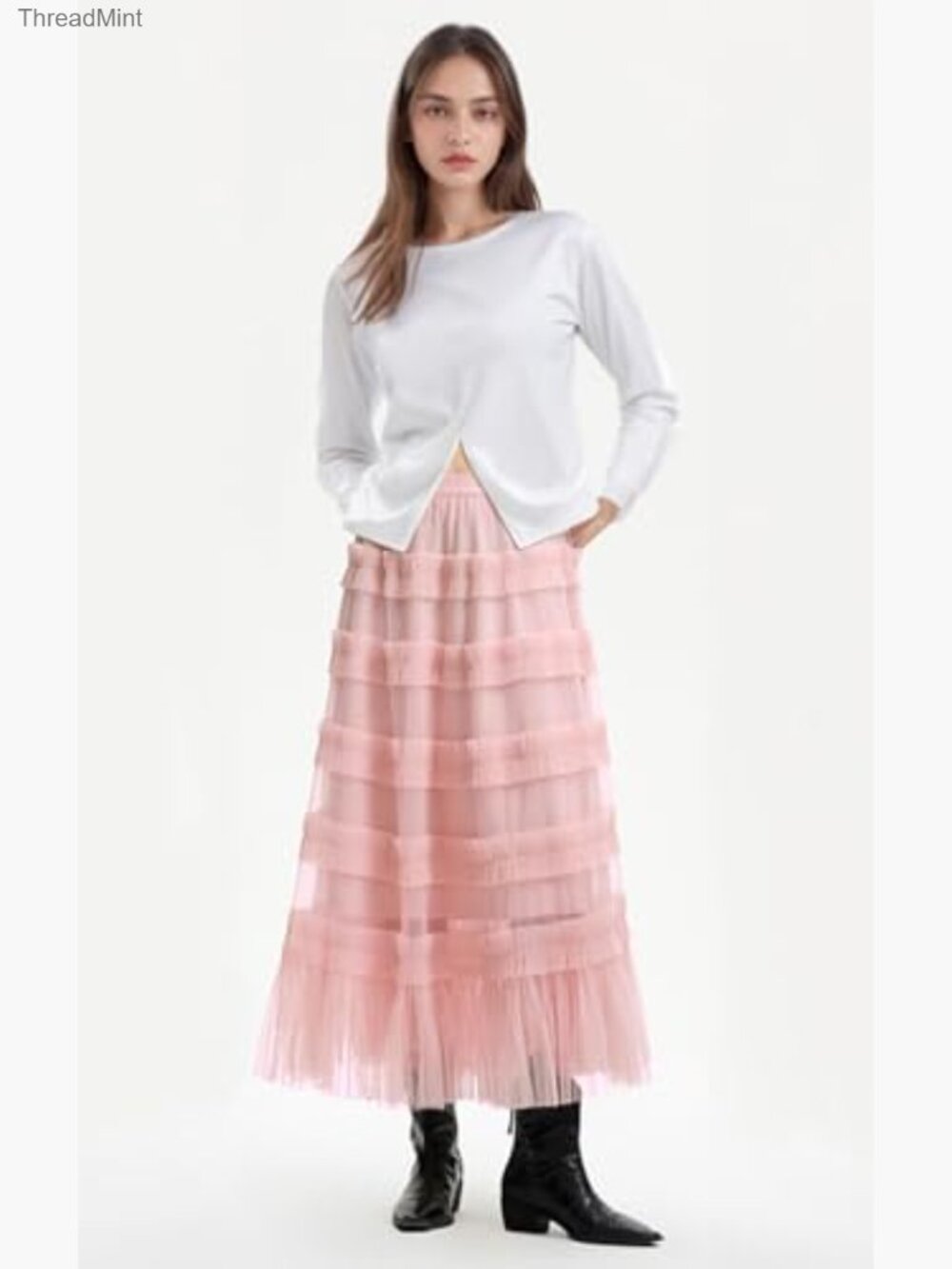 Long Tulle Maxi Skirt A-Line Mesh Tutu Fairy Tiered Flowy Elastic Waist - Picture 4 of 7
